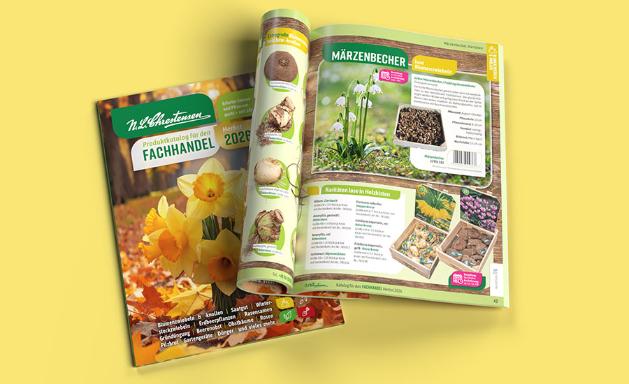 Zwei Kataloge liegen versetzt übereinander. Der untere zeigt das Titelbild - gelbe Narzissen in einem herbstlichen Park zwischen bunten Blättern. Der obere Katalog ist aufgeschlagen. Es sind Blumenzwiebel-Verpackungen und EAN-Codes dargestellt.